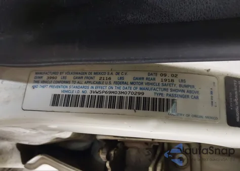 2003 Volkswagen Jetta Gls Tdi из США, поврежденный, VIN 3VWSP69M03M070299